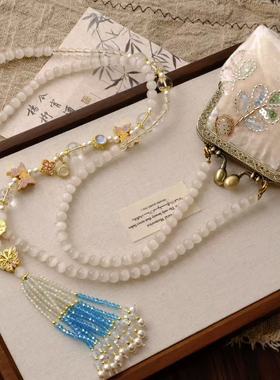 新中式国风复古手工包丝绒珠花棉布搭扣零钱包斜挎链背链