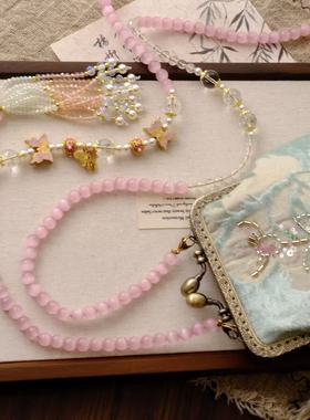 原创设计新中式项链丝绒包包配饰珍珠长款斜挎链串珠粉猫眼