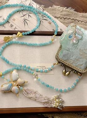 新中式国风复古手工包丝绒珠花棉布蝴蝶流苏民族风轻奢百搭项链