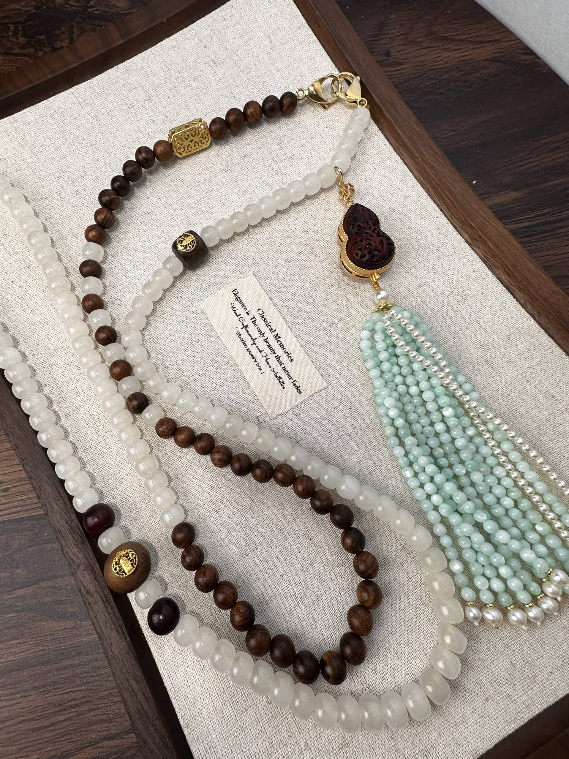 国风项链白玉桶珠檀木木质葫芦吊坠斜挎长流苏项链毛衣链