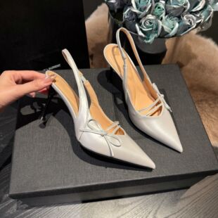 Mrs susie冰川银尖头蝴蝶结高跟鞋女气质新款后空凉鞋性感时尚