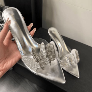 女夏外穿 蝴蝶水钻细跟透明高跟凉拖鞋 网红同款 百搭一字带尖头凉鞋