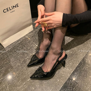 时尚 苏茜夫人法式 尖头裸色高跟鞋 女夏2024新款 百搭V扣 包头凉鞋