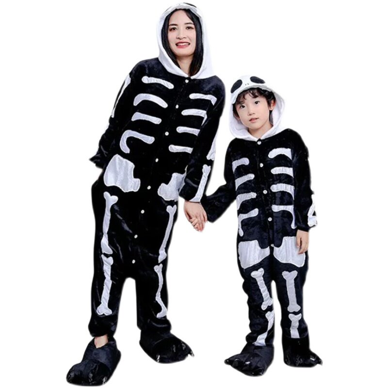 FLANNEL CARTOON ANIMAL ONE-PIECE PAJAMAS SKELETON BLACK WINTER LONG SLEEVE WARM HOME KIDS TOILET VERSION LOUNGEWEAR