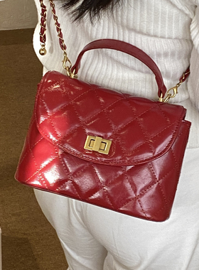 百搭高级感菱格手提小方包2026新款时尚红色新娘包链条单肩斜挎包