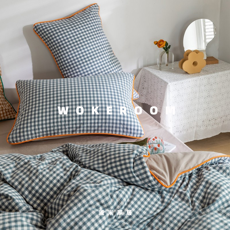 复古风色织水洗棉格纹嵌线四件套