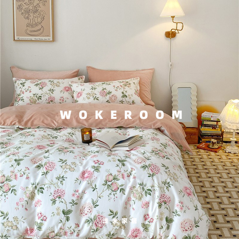 清新美式花卉纯棉+绒四件套A全棉B水晶绒被罩保暖发热床品2米被套