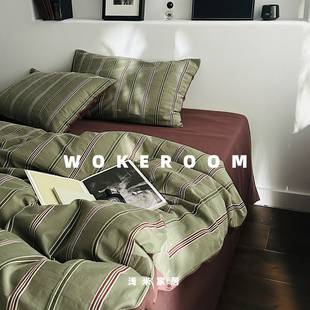 山岚松绿 色织纯棉贡缎条纹四件套 轻奢风双人1.8/2m床上用品被套