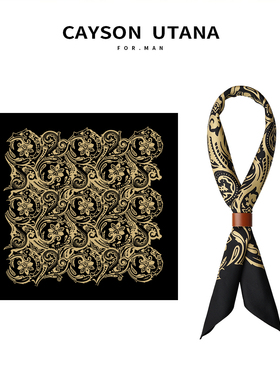 黑金复古花纹男士丝巾Vintage方巾衬衫领巾阿美咔叽小围巾短款