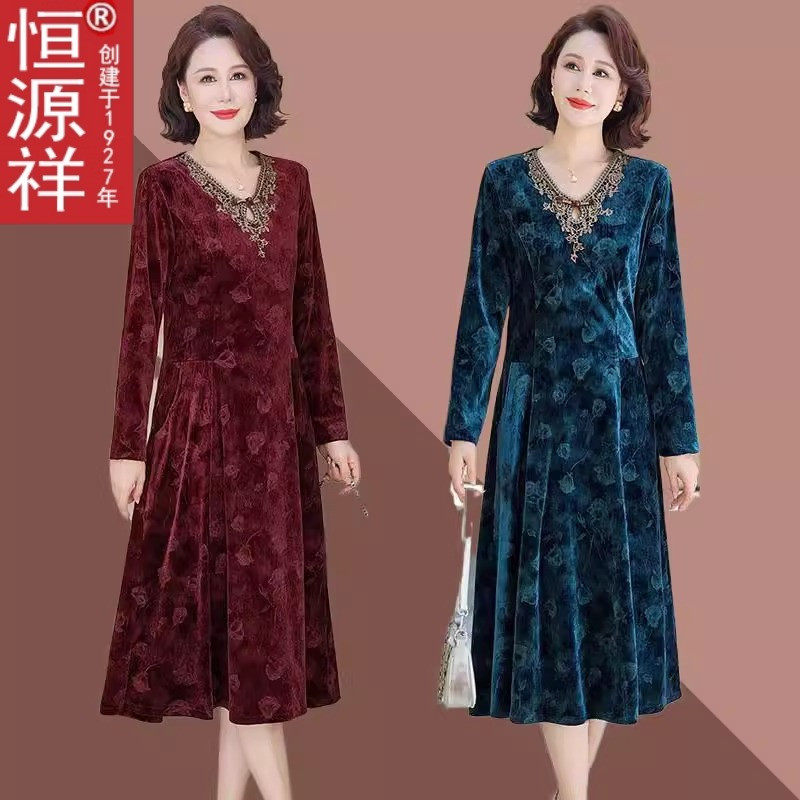 恒源祥妈妈春装连衣裙2025新款洋气中年女装春秋长袖金丝绒裙子女