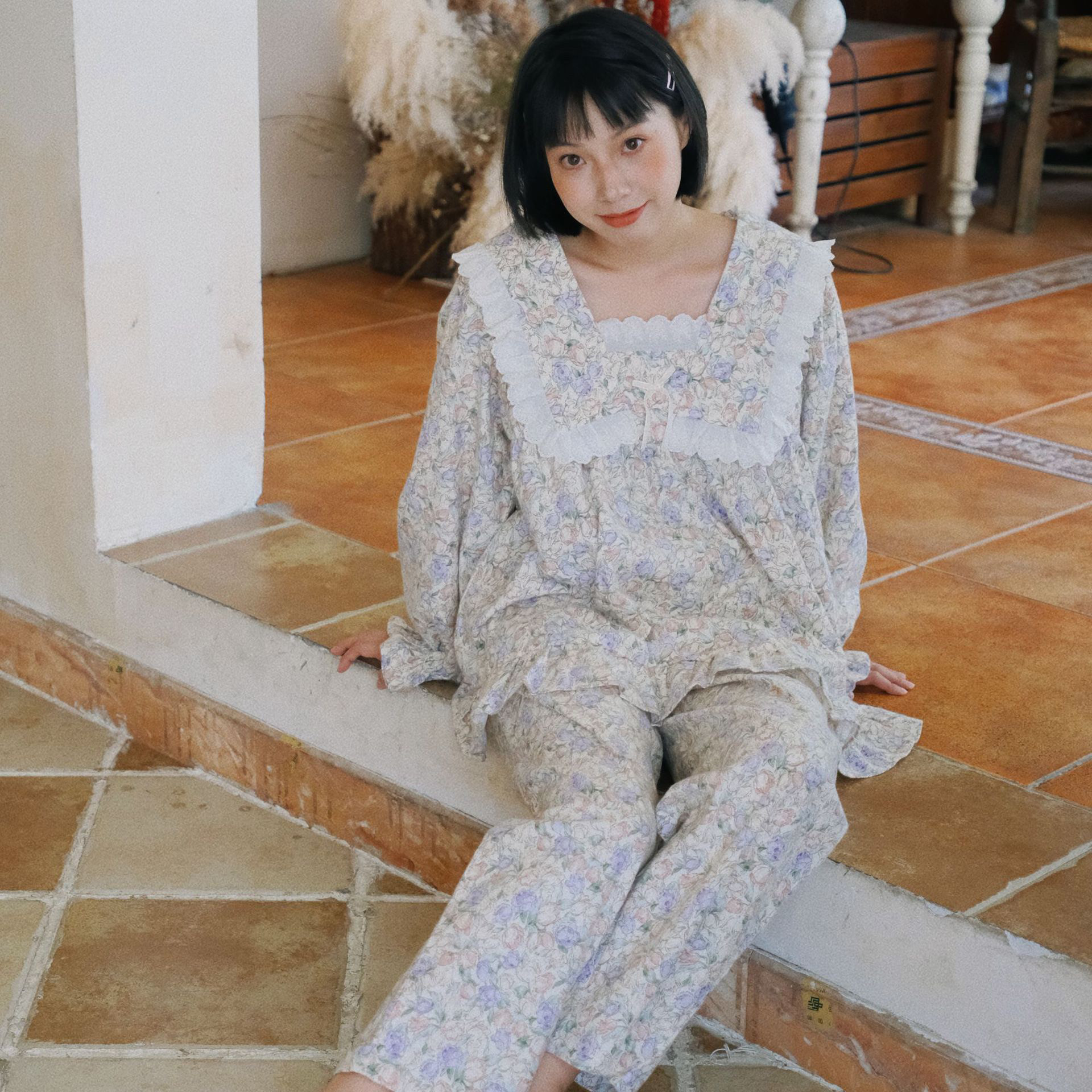 秋冬新款复古风碎花纯棉睡衣女长袖碎花甜美可爱公主风家居服套装