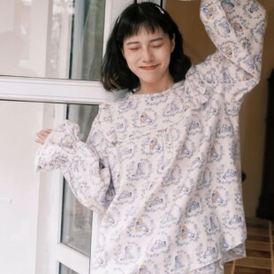 慵懒法式风圆领纯棉家居服女花边袖秋冬款纯棉磨毛睡衣女两件套