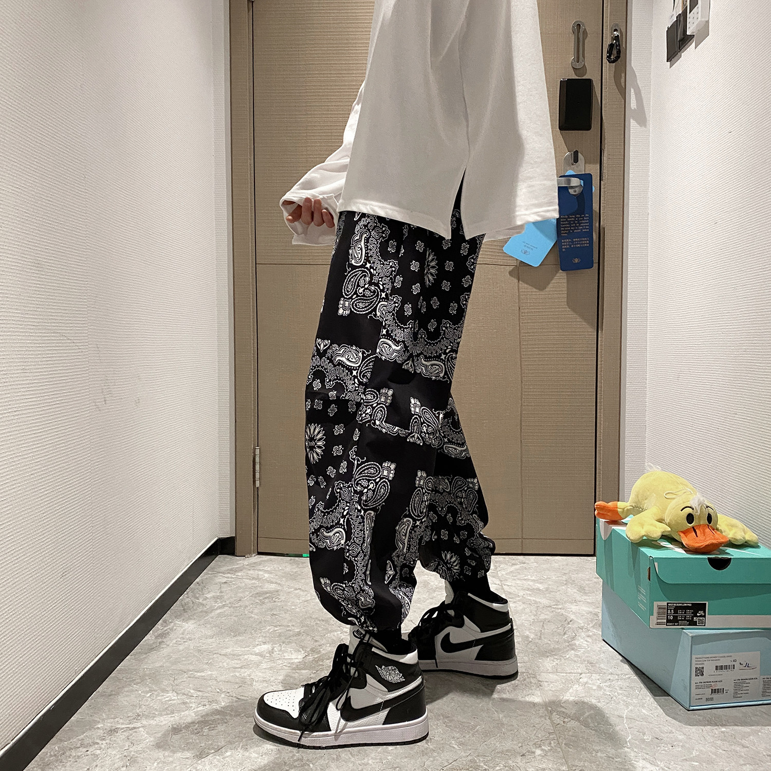 港风模特大码色男士印花裤腰果大黑色贴港风DSA012k234p45,男装休闲裤,星座415A（原A012）