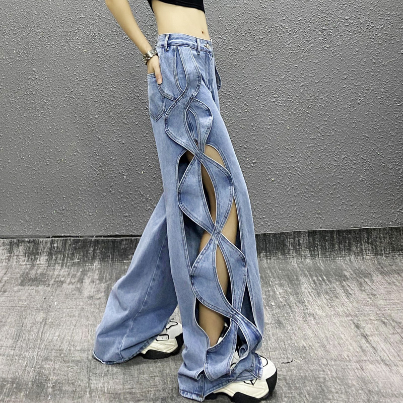个性镂空设计感休闲牛仔裤女夏季新款高腰宽松显瘦百搭阔腿拖地裤