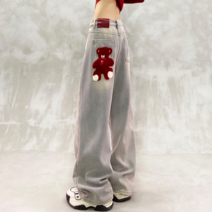 卡通口袋设计加绒休闲牛仔裤女冬新款高腰宽松显瘦百搭直筒阔腿裤