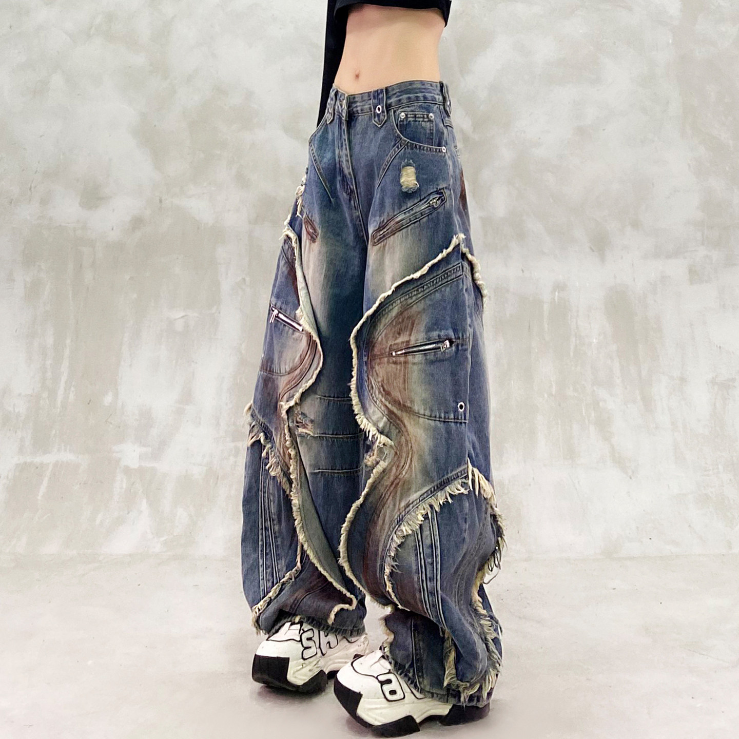 帅气拼接刷漆工艺牛仔弯刀裤女秋新款高腰宽松显瘦百搭直筒香蕉裤,女装/女士精品,牛仔裤,淘宝优惠券,粉丝福利购,淘宝优惠卷