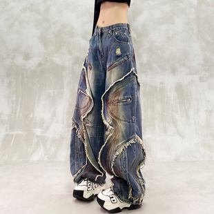 高腰宽松显瘦百搭直筒香蕉裤 帅气拼接刷漆工艺牛仔弯刀裤 女秋新款