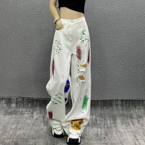 个性彩绘破洞白色牛仔裤女夏新款高腰宽松显瘦直筒百搭阔腿拖地裤
