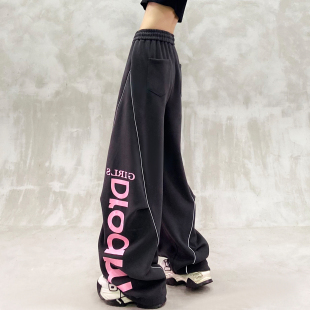 高腰宽松显瘦百搭直筒香蕉裤 女春新款 弯刀裤 侧边字母印花设计工装