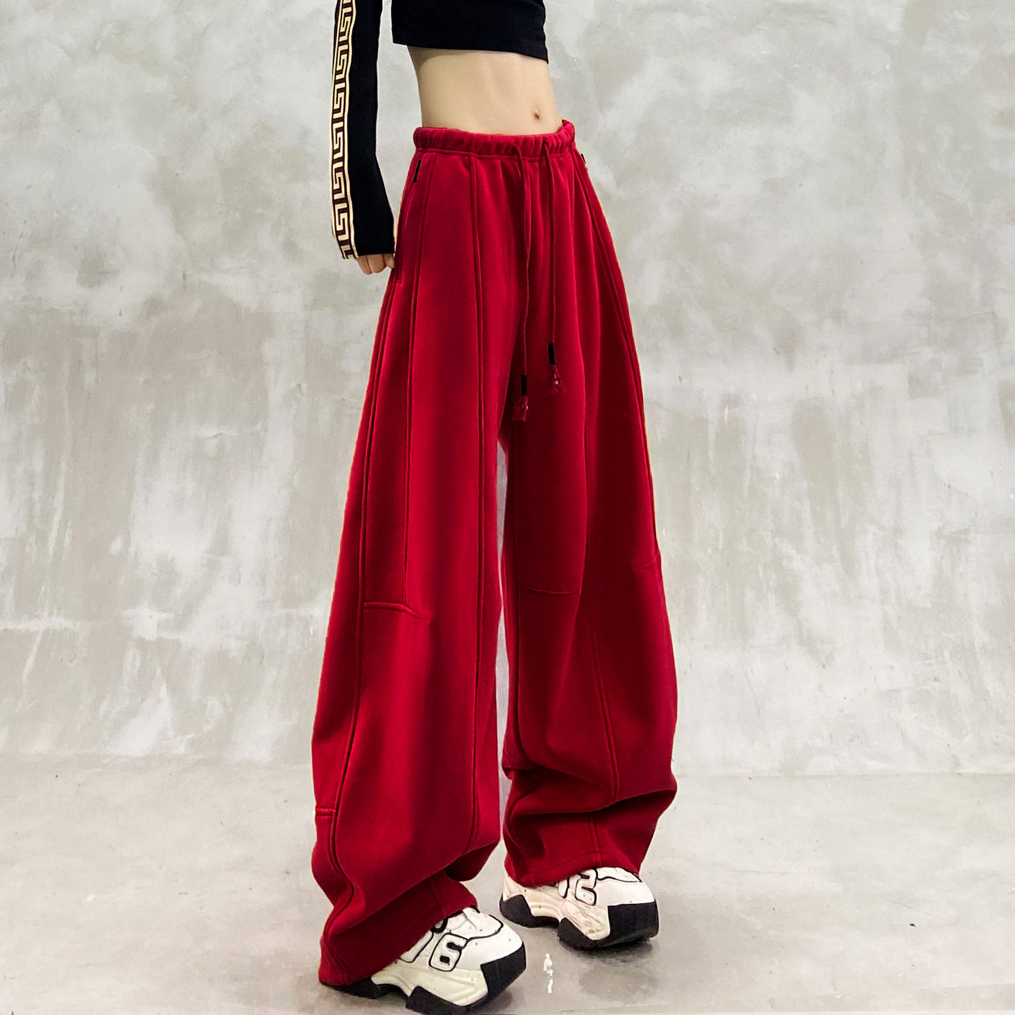 洋气拼接红色加绒休闲弯刀裤女冬新款高腰宽松显瘦百搭直筒香蕉裤,女装/女士精品,卫裤,淘宝优惠券,粉丝福利购,淘宝优惠卷