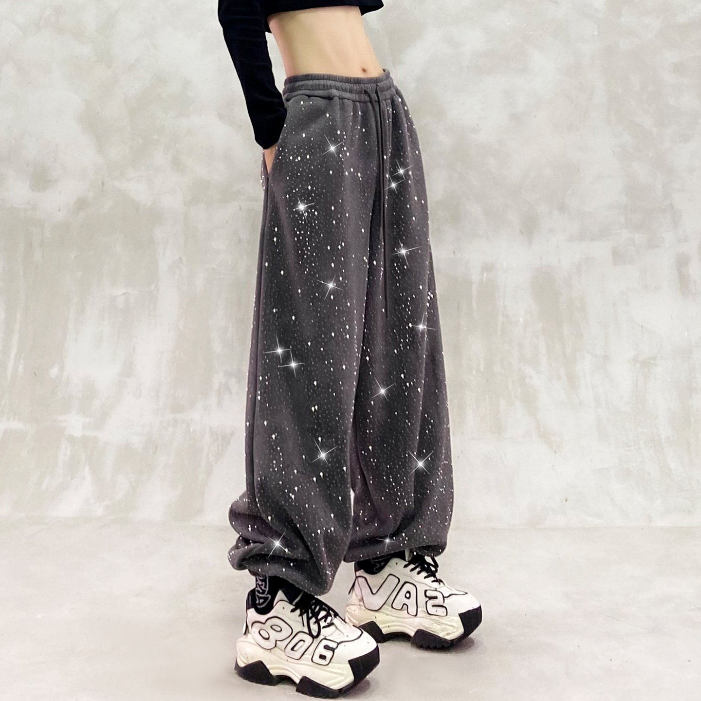 闪亮烫钻加绒加厚卫裤女