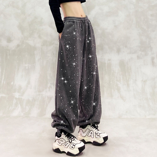 潮 高腰宽松显瘦百搭直筒束脚休闲裤 闪亮烫钻加绒加厚卫裤 女冬新款