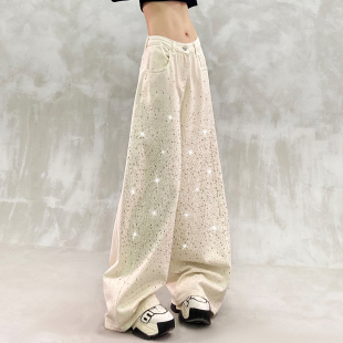 高腰宽松显瘦百搭直筒香蕉裤 闪亮烫钻垂感休闲牛仔弯刀裤 女春新款