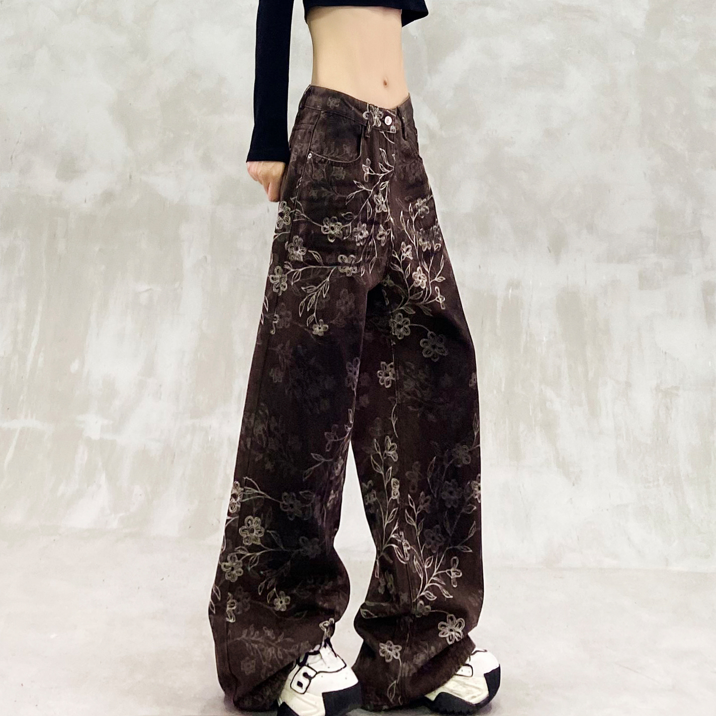 印花扎染色水洗牛仔拖地裤女