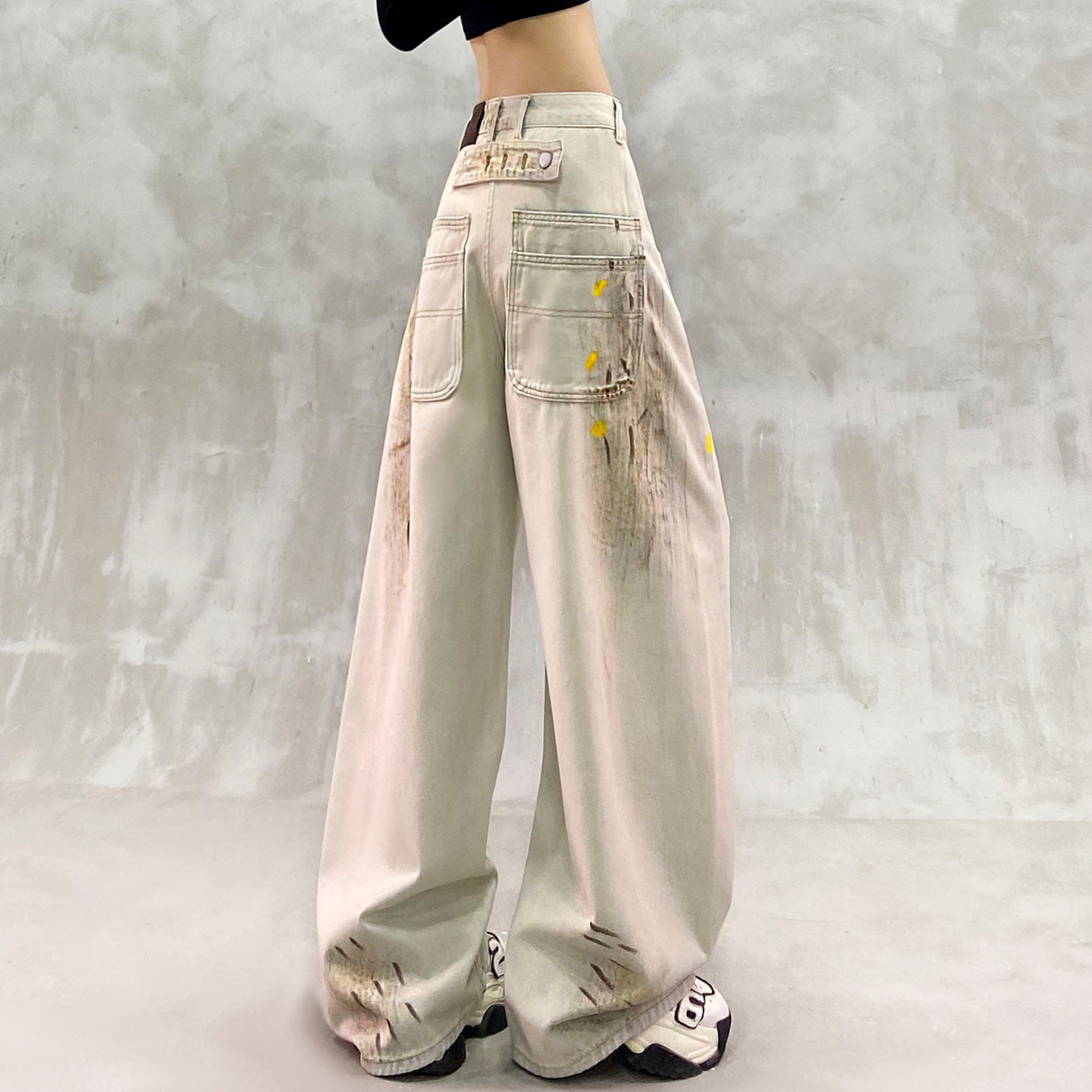 彩色刷漆印花水洗休闲牛仔裤女春新款高腰宽松显瘦百搭直筒阔腿裤