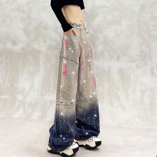 高腰宽松显瘦百搭直筒阔腿裤 满天星烫钻彩绘渐变色牛仔裤 女春新款