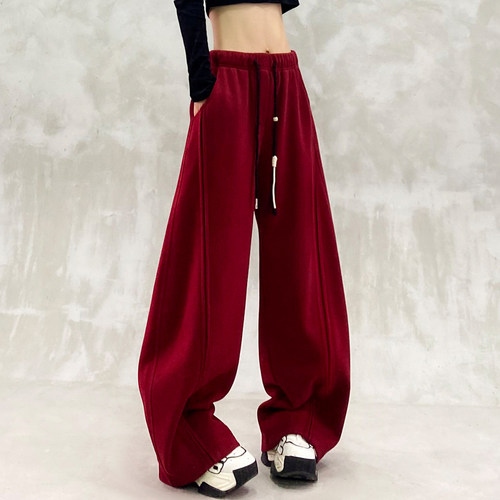 洋气抽绳设计加绒休闲弯刀裤女
