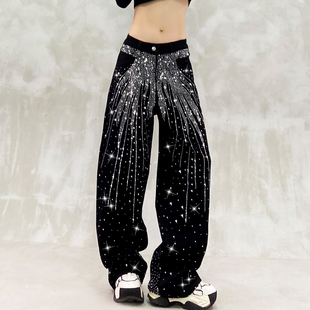 高腰宽松显瘦百搭直筒阔腿裤 闪亮重工烫钻黑色休闲牛仔裤 女秋新款