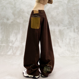 高腰宽松显瘦百搭直筒弯刀裤 口袋拼接设计抓绒休闲牛仔裤 女冬新款