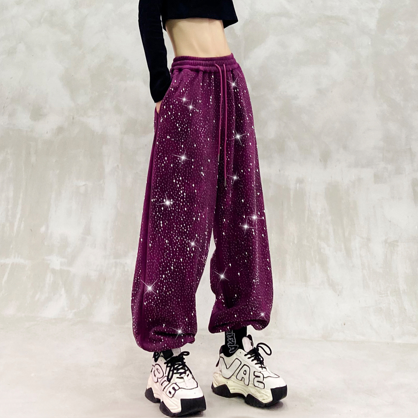 闪亮烫钻加绒休闲运动裤女
