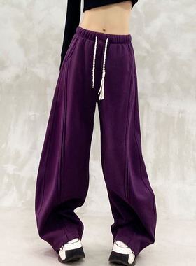 紫色加绒休闲弯刀裤女冬新款洋气高腰宽松显瘦百搭直筒卫裤香蕉裤