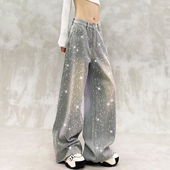 重工闪亮烫钻装 高腰宽松显瘦百搭直筒阔腿裤 饰加绒牛仔裤 女冬新款