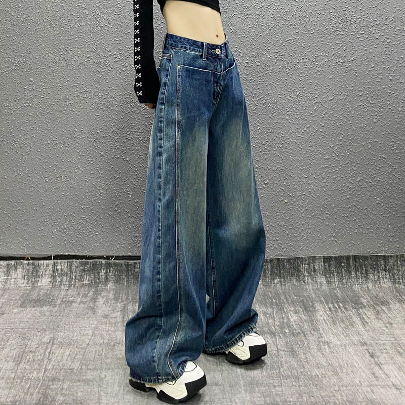 个性拼接口袋设计牛仔裤女2025秋新款高腰宽松显瘦百搭直筒阔腿裤,女装/女士精品,牛仔裤,淘宝优惠券,粉丝福利购,淘宝优惠卷