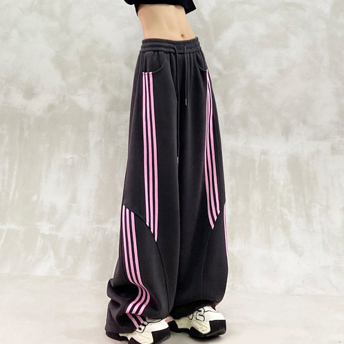 侧边条纹设计加绒加厚休闲弯刀裤