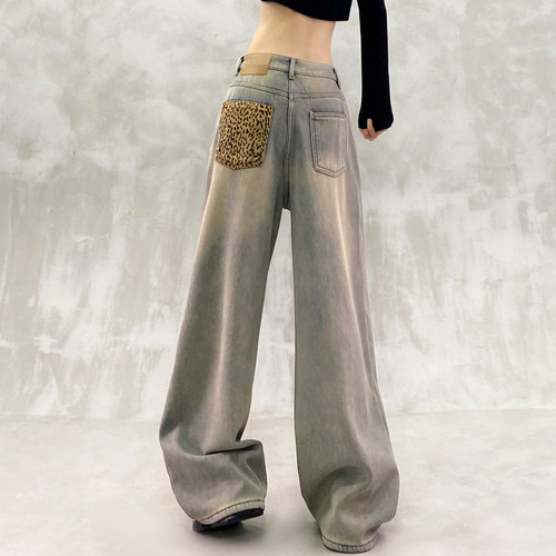 个性豹纹口袋做旧加绒牛仔裤女