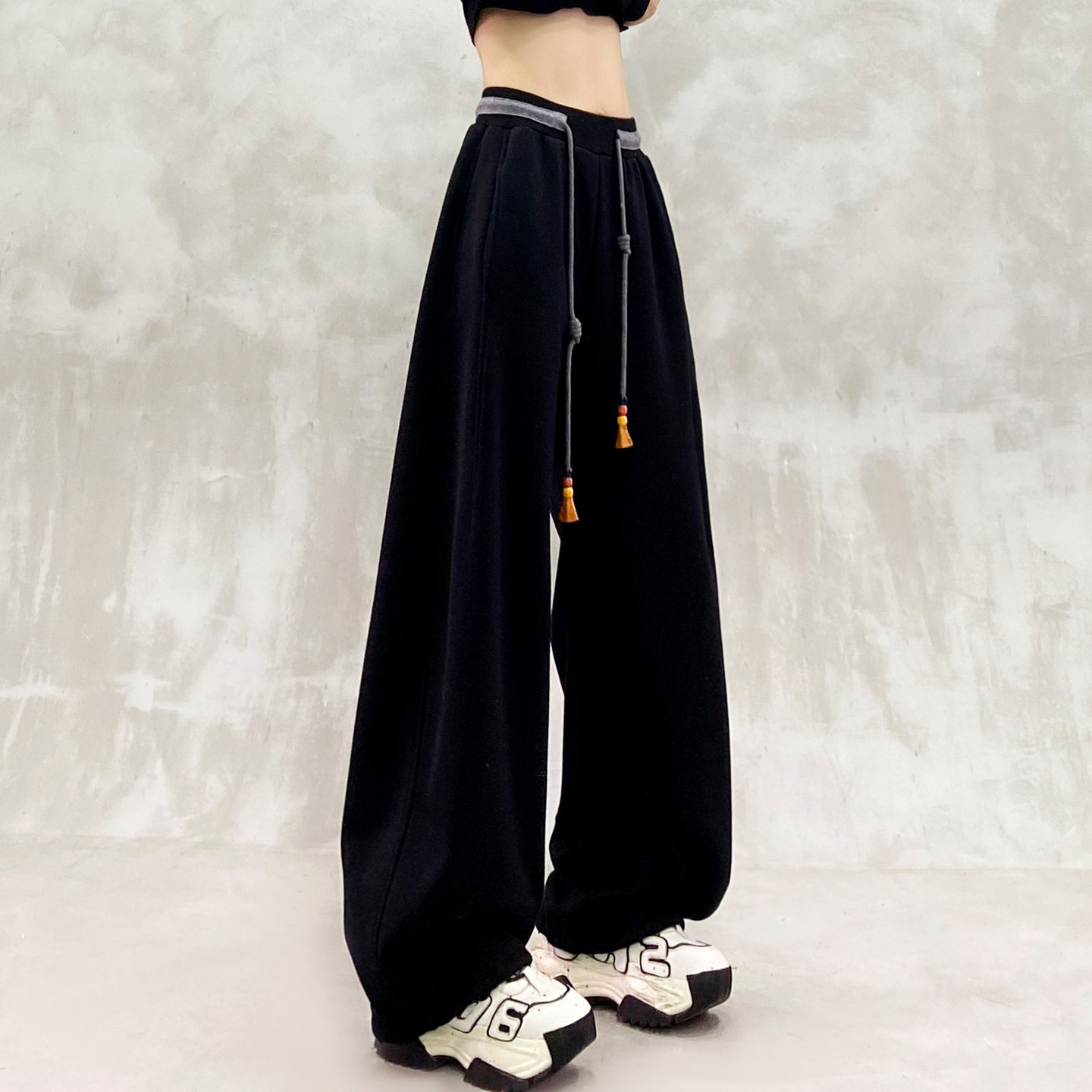拼色腰身设计加绒休闲弯刀裤女