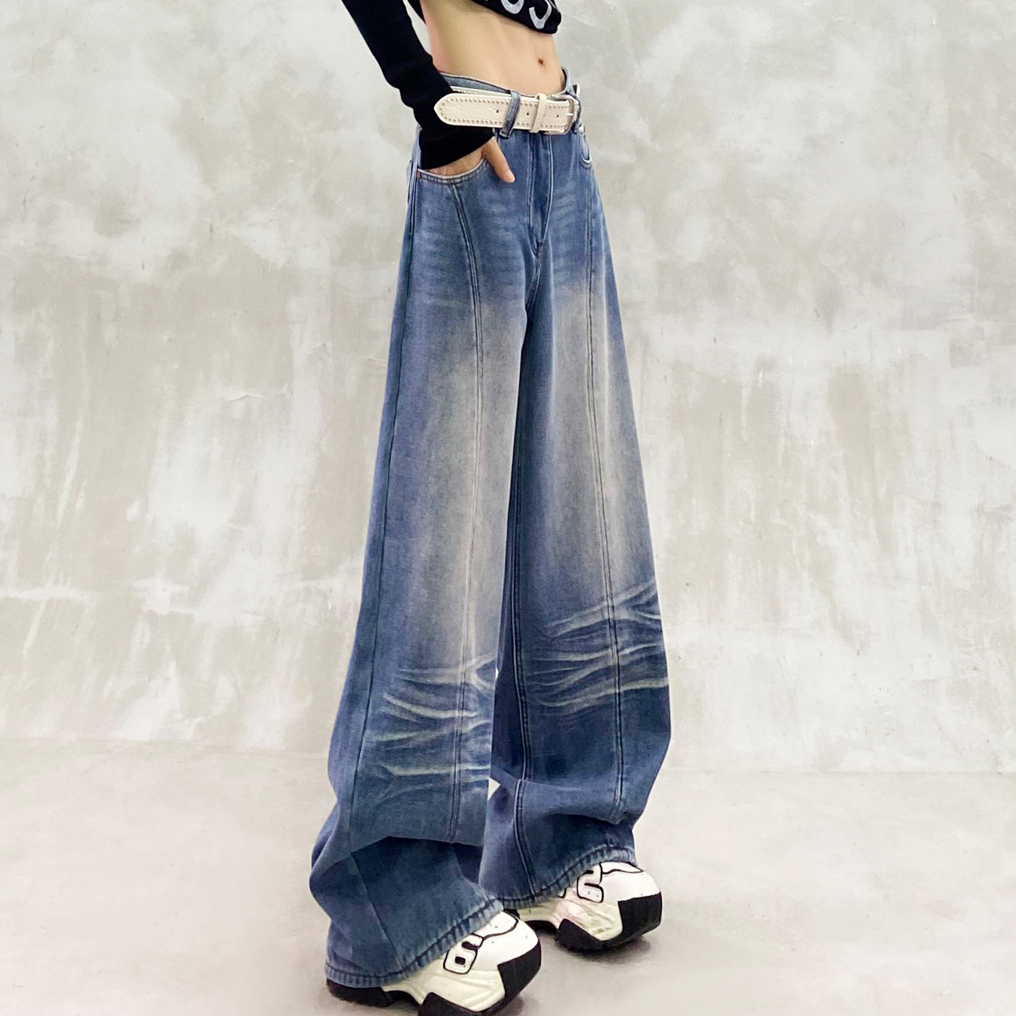 拼接扎染色水洗加绒牛仔裤女