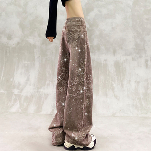 潮 高腰宽松显瘦百搭直筒阔腿裤 满天星烫钻印花休闲牛仔裤 女秋新款