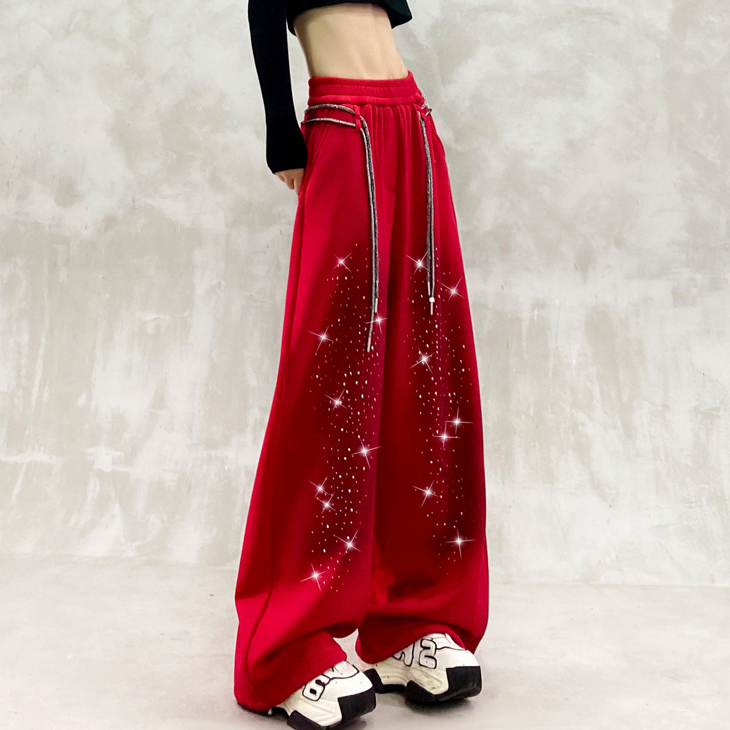 洋气抽绳设计烫钻加绒休闲裤女冬新款高腰宽松显瘦百搭直筒阔腿裤,女装/女士精品,卫裤,淘宝优惠券,粉丝福利购,淘宝优惠卷