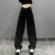 高腰宽松显瘦百搭直筒阔腿拖地裤 炫酷烫钻黑色休闲牛仔裤 女春新款