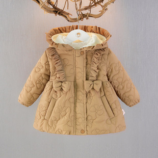 女童加绒带帽棉服秋冬女宝宝休闲外出服女宝宝洋气保暖小外套新潮