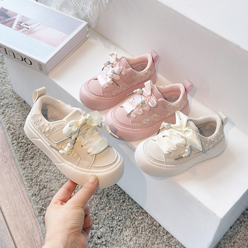 女童低帮板鞋花朵休闲小白鞋