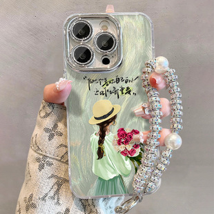 适用opporeno9羽纱手机壳vivos18可爱玫瑰花女孩手链小米14镜头膜