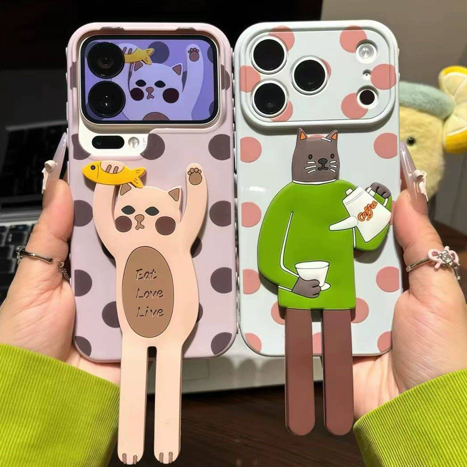 抓鱼小猫适用苹果17promax手机壳iphone16创意支架15可爱14卡通女