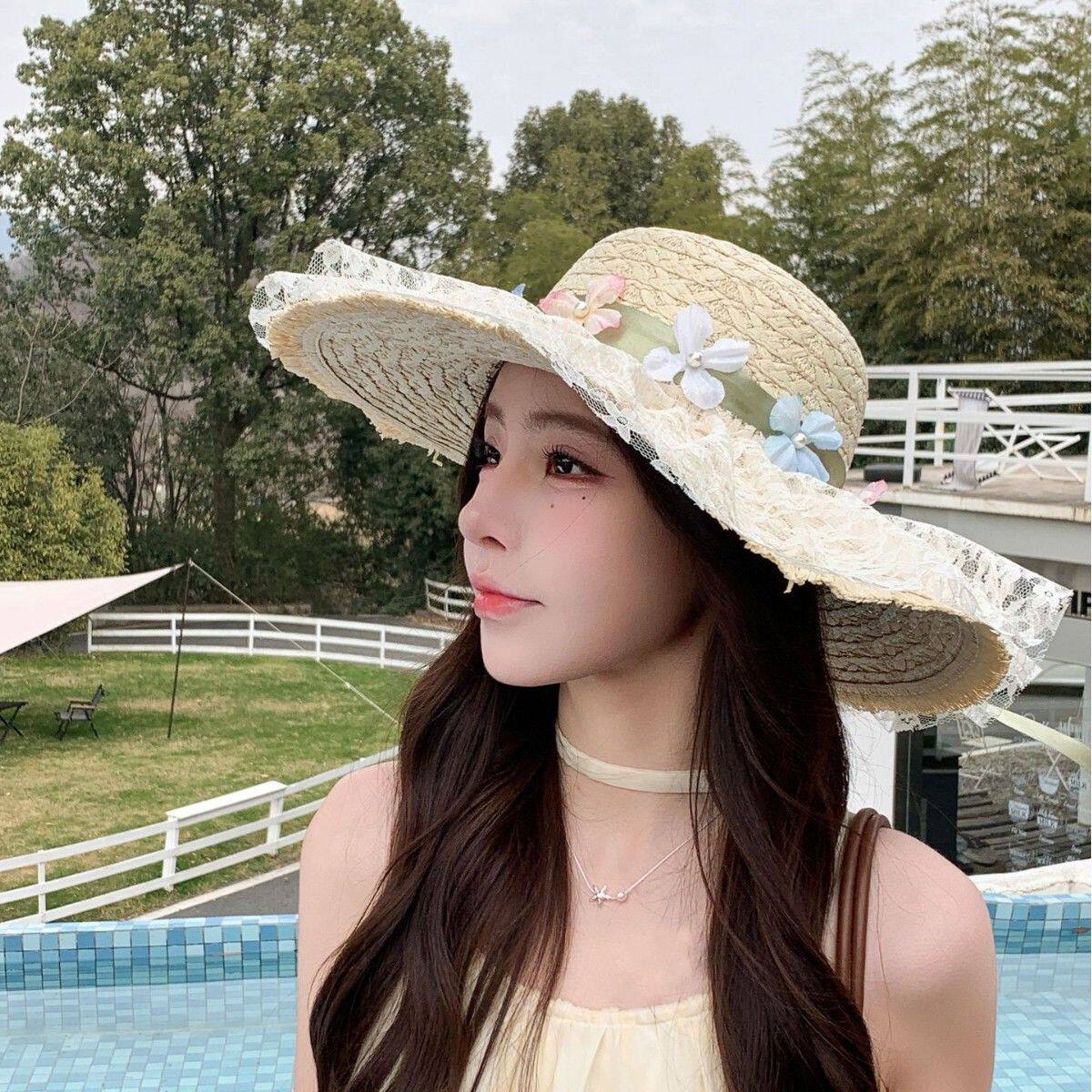 新款春夏季休闲草帽女透气蕾丝大檐时尚遮阳帽百搭太阳帽女士盆帽