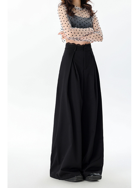 赛小懒蕾丝拼接阔腿休闲裤女春秋新款梨形身材灰色高腰垂感直筒裤